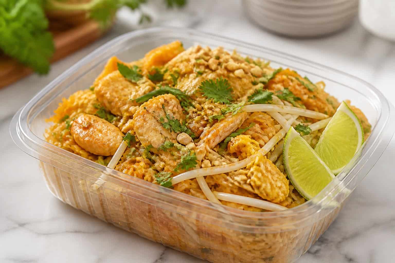 A ready-to-eat container of chicken Pad Thai with noodles, chicken pieces, bean sprouts, lime wedges, and chopped peanuts.