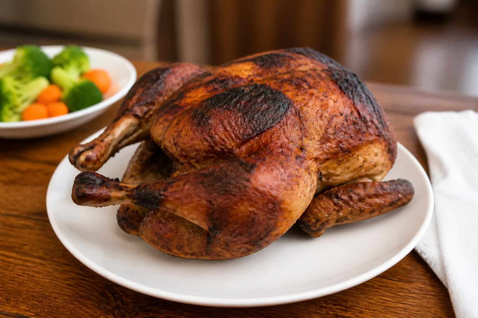 Close-up of an overcooked, dry rotisserie chicken on a white plate with some vegetables on a wooden table.