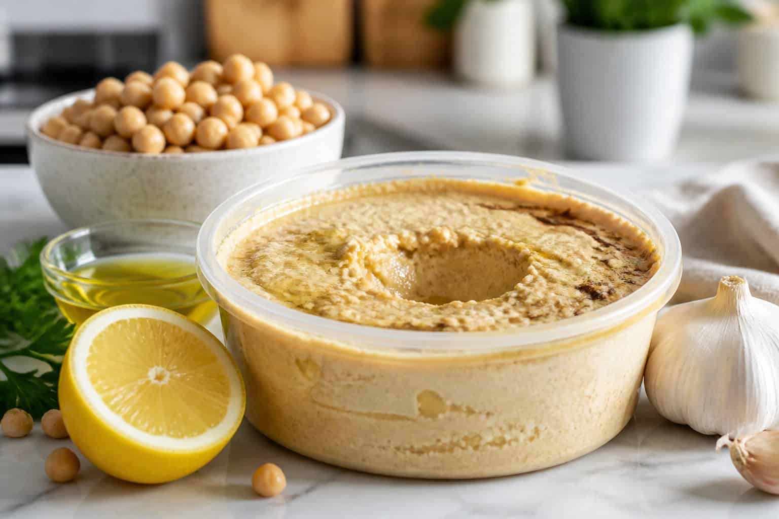 An opened container of hummus on a kitchen countertop surrounded by chickpeas, lemon, olive oil, and garlic.