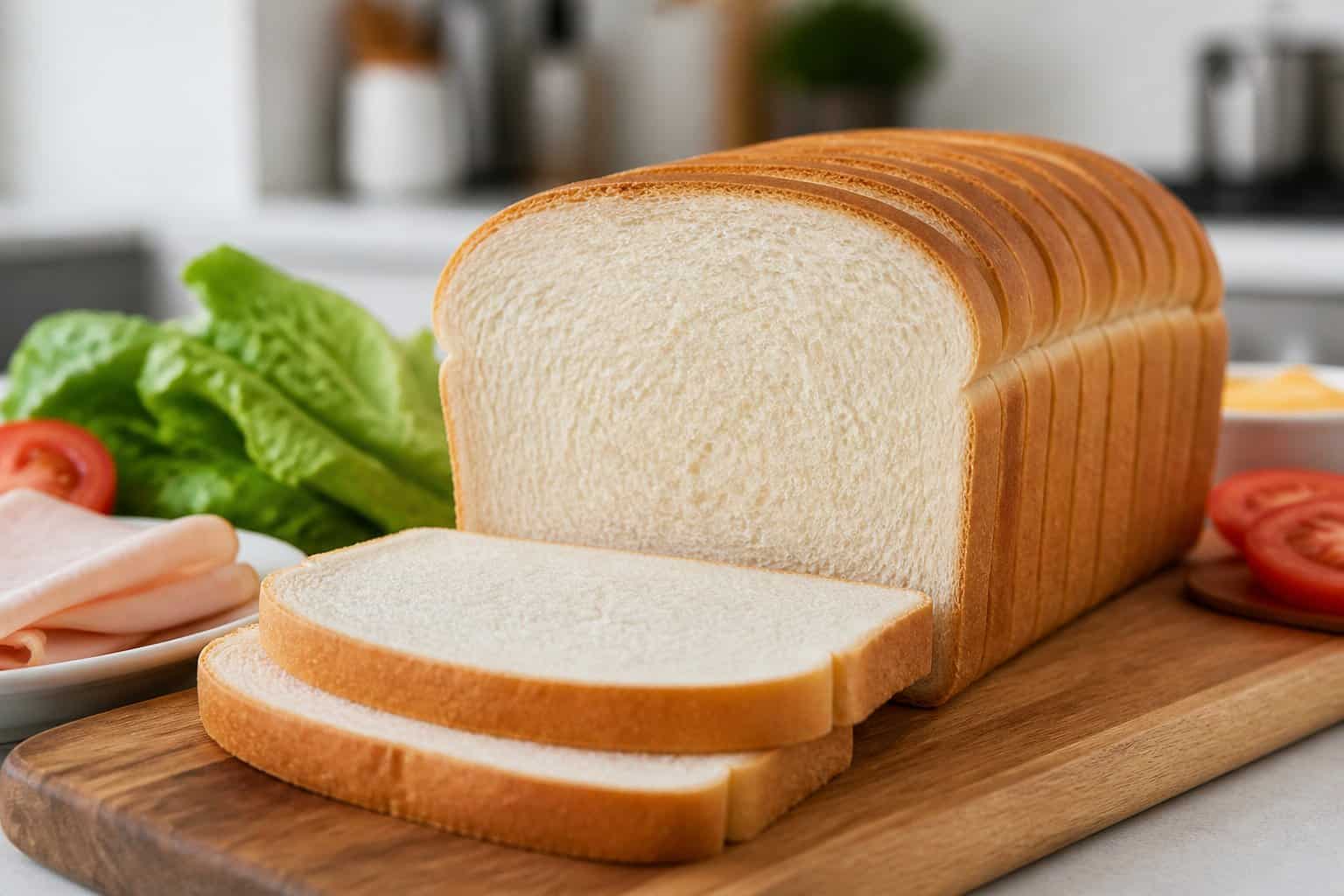 A sliced loaf of dense sandwich bread on a wooden cutting board with sandwich ingredients in the background on a kitchen countertop.