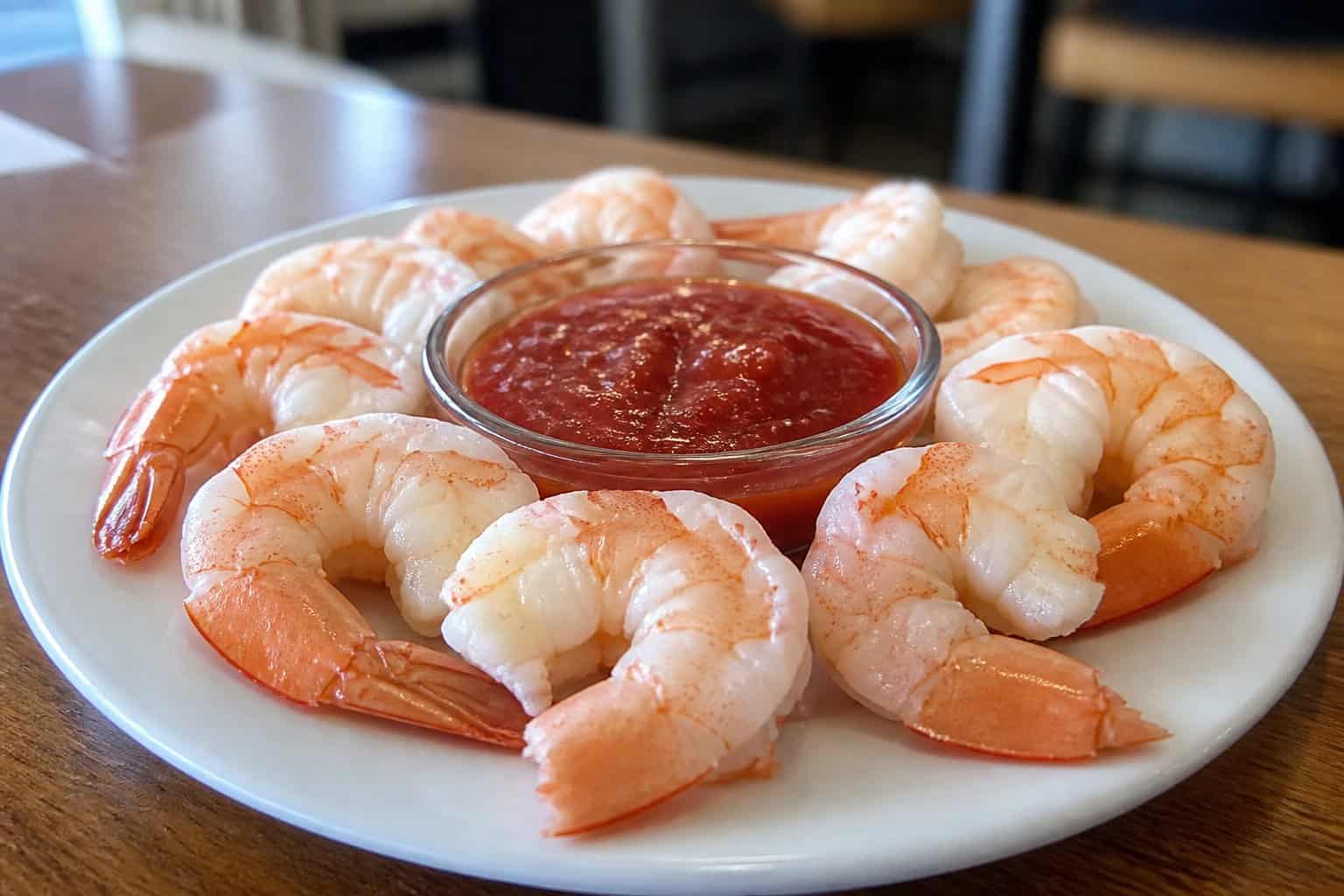 A plate of shrimp cocktail with several shrimp around a bowl of red cocktail sauce on a wooden table.