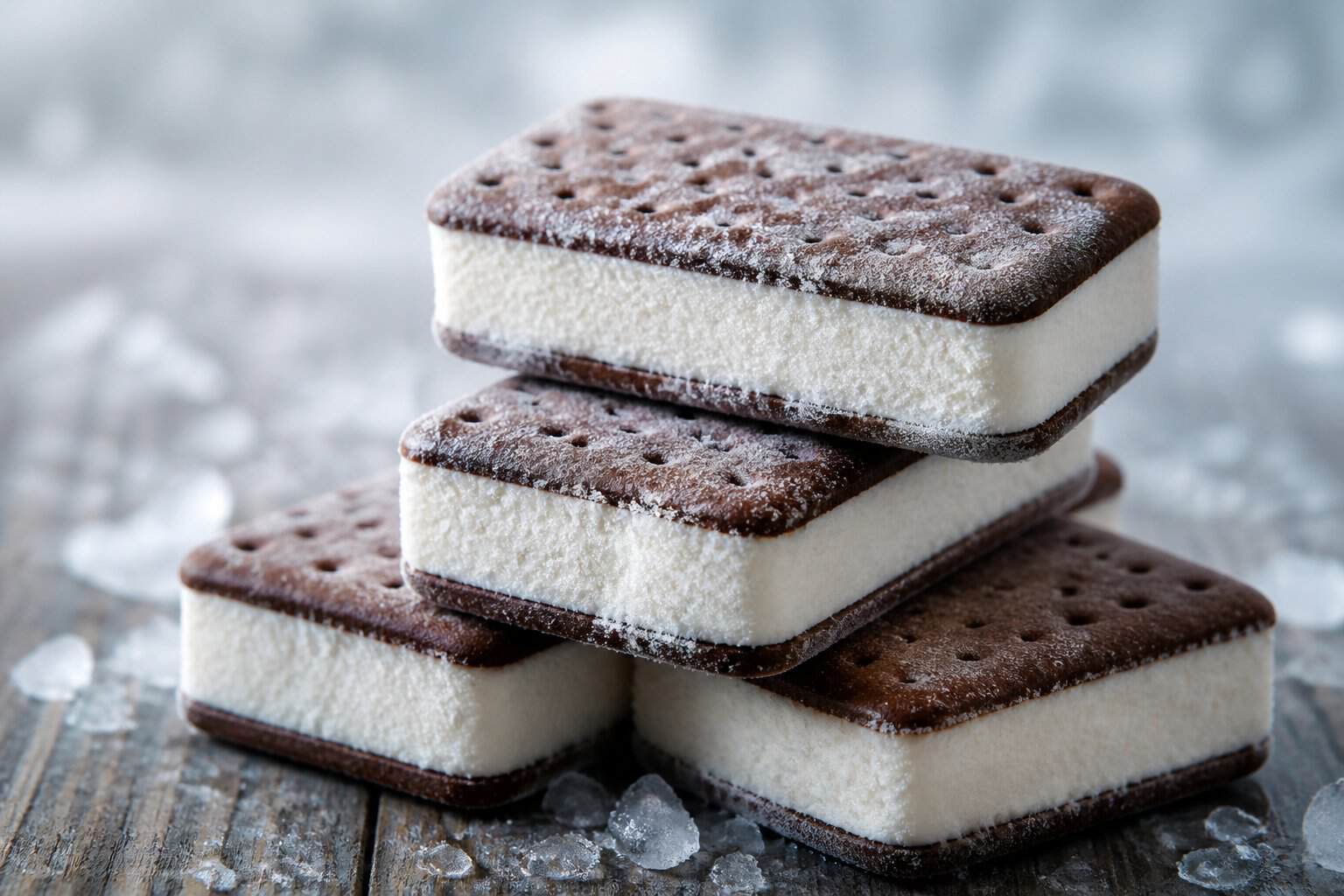 Several ice cream sandwiches with visible frost stacked on a wooden surface.