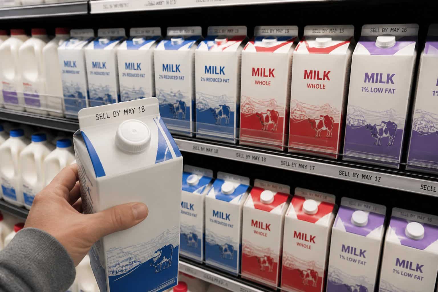 Refrigerated grocery store shelves stocked with various milk cartons, some nearing their expiration date.