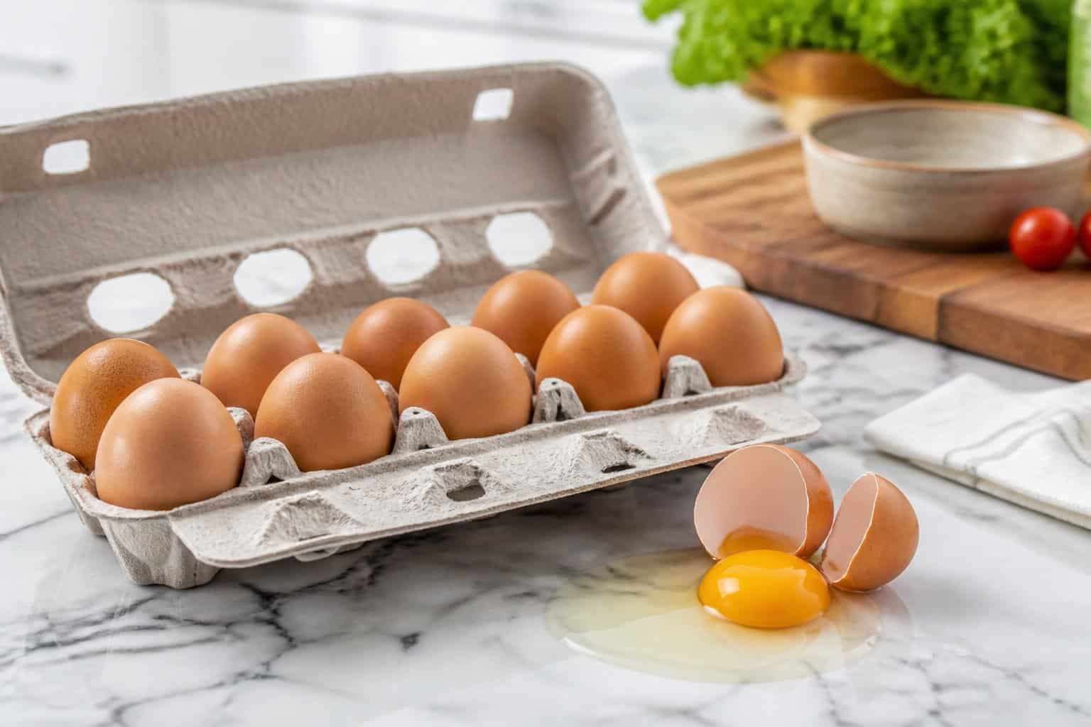 Open carton of organic eggs on a kitchen counter with one cracked egg showing yolk and egg white.
