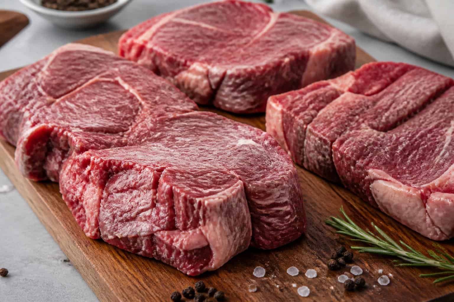 Close-up of several raw beef steaks with uneven trimming and tough texture arranged on a wooden cutting board with salt, peppercorns, and rosemary.