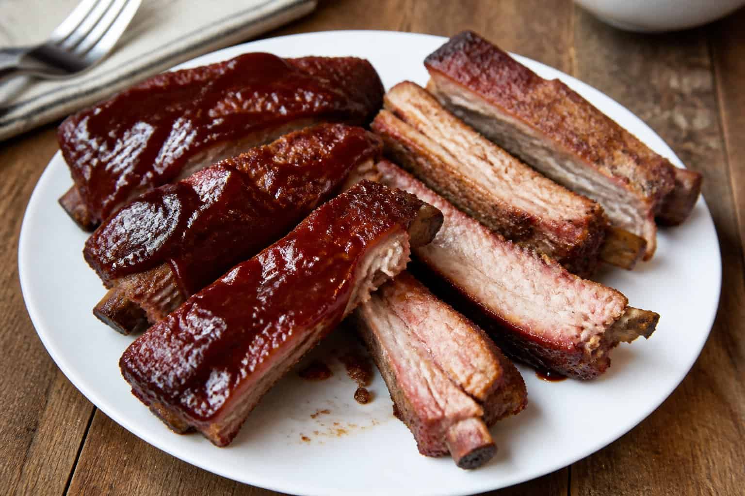 A plate of BBQ ribs with uneven sauce coverage on a wooden table.