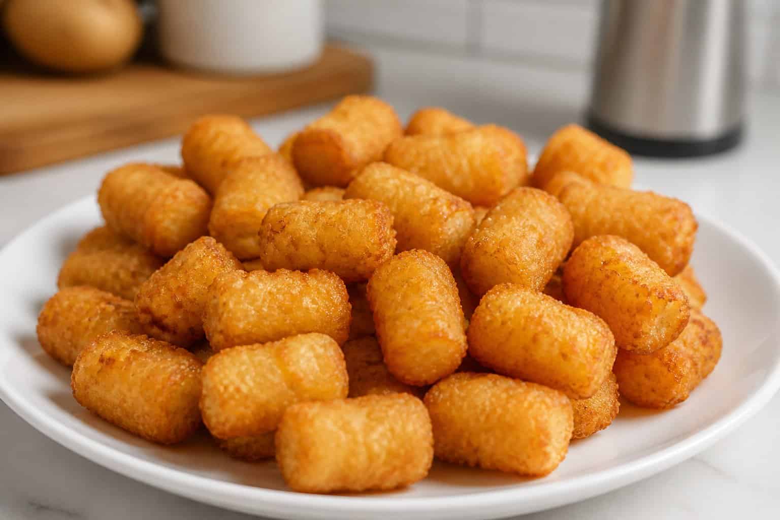 A plate of golden brown, greasy baked tater tots on a white plate on a kitchen countertop.
