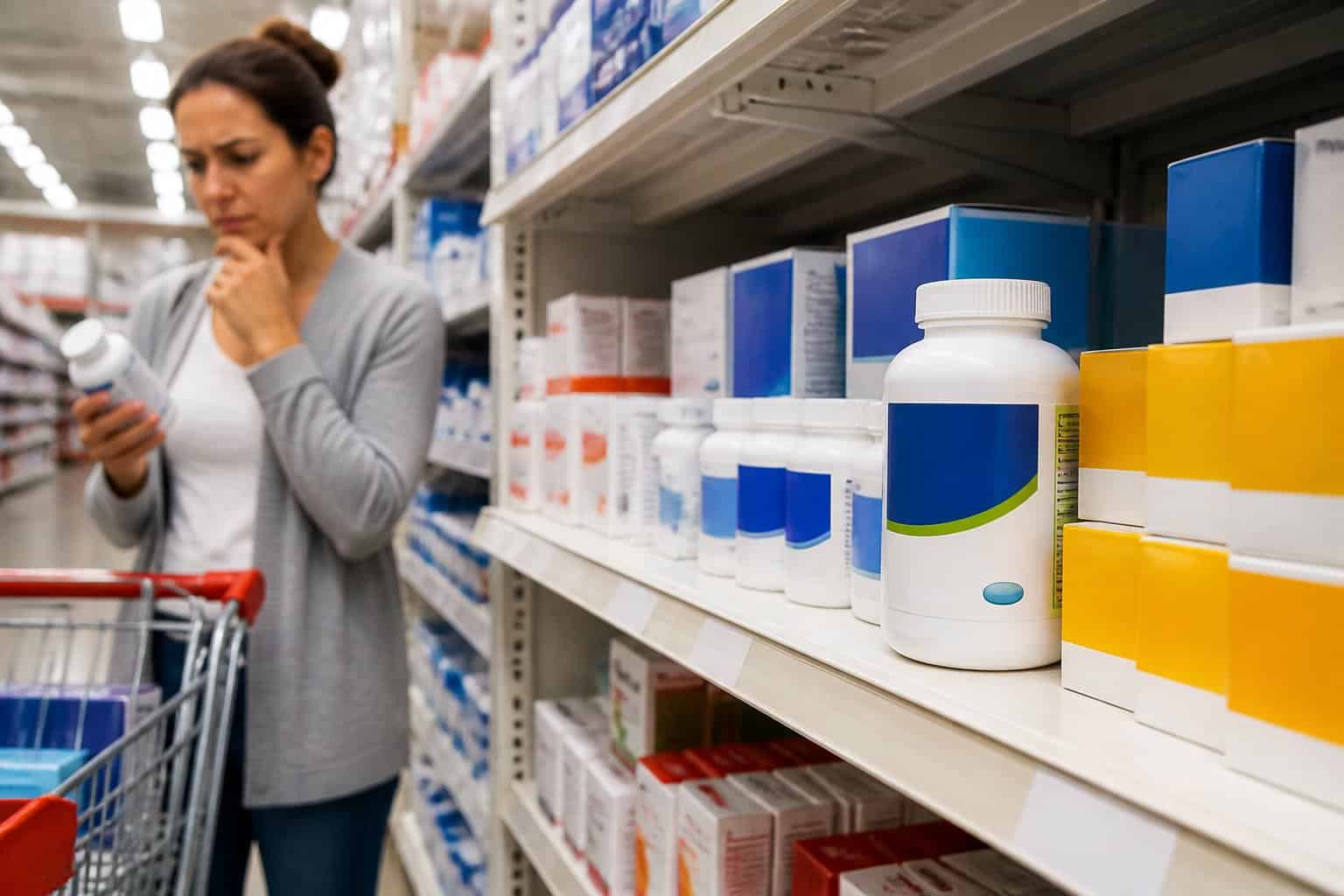 A store shelf displaying generic pain relief bottles with a shopper in the background looking uncertain.