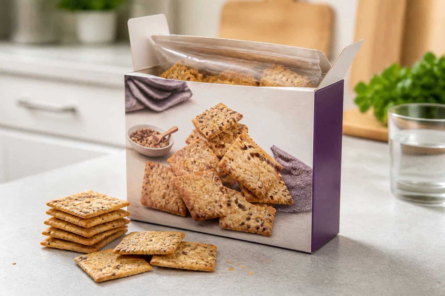 A box of Kirkland Signature Multigrain Crackers with some crackers displayed on a kitchen countertop.