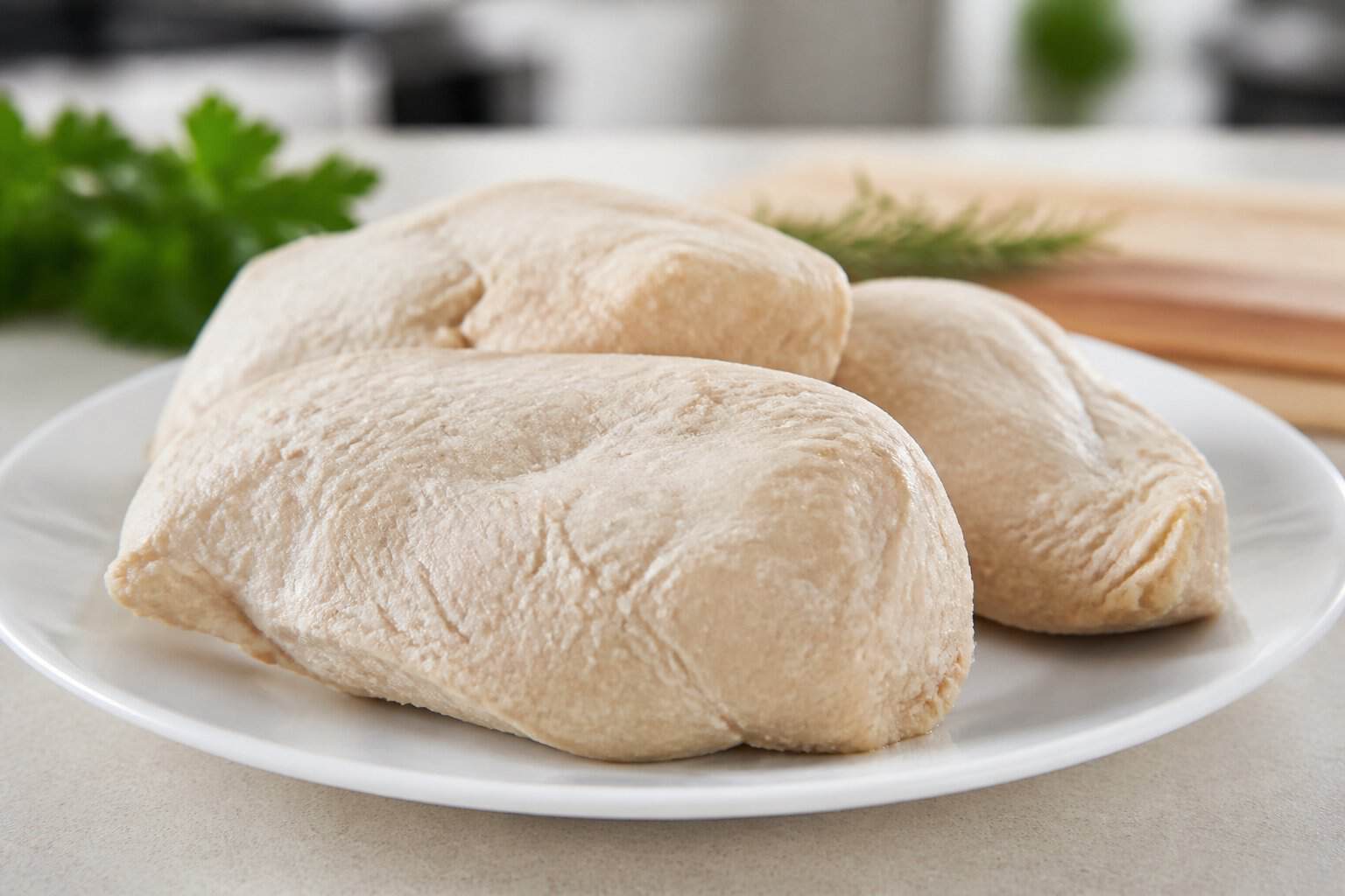 Plate of pre-cooked chicken breasts with a dry texture on a kitchen countertop.