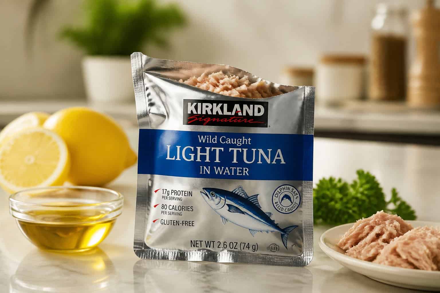 A Kirkland Signature Light Tuna pouch on a kitchen counter with fresh lemon slices, parsley, and olive oil nearby.