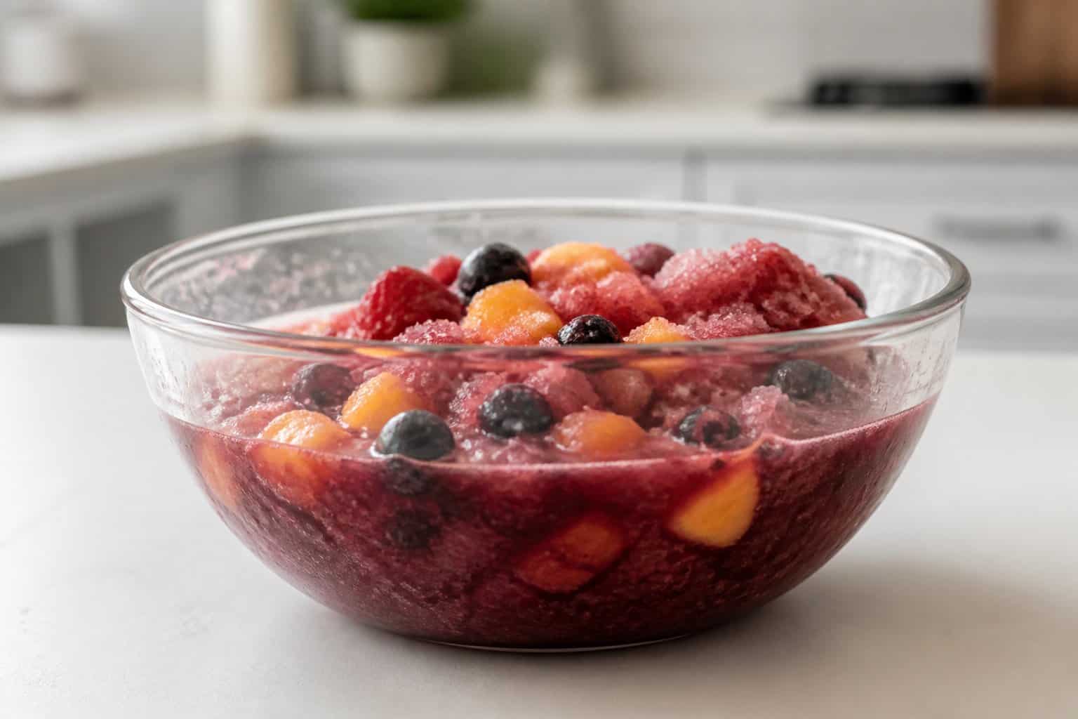 A glass bowl containing thawed Costco frozen fruit smoothie mix with icy chunks and separated liquid on a white surface.