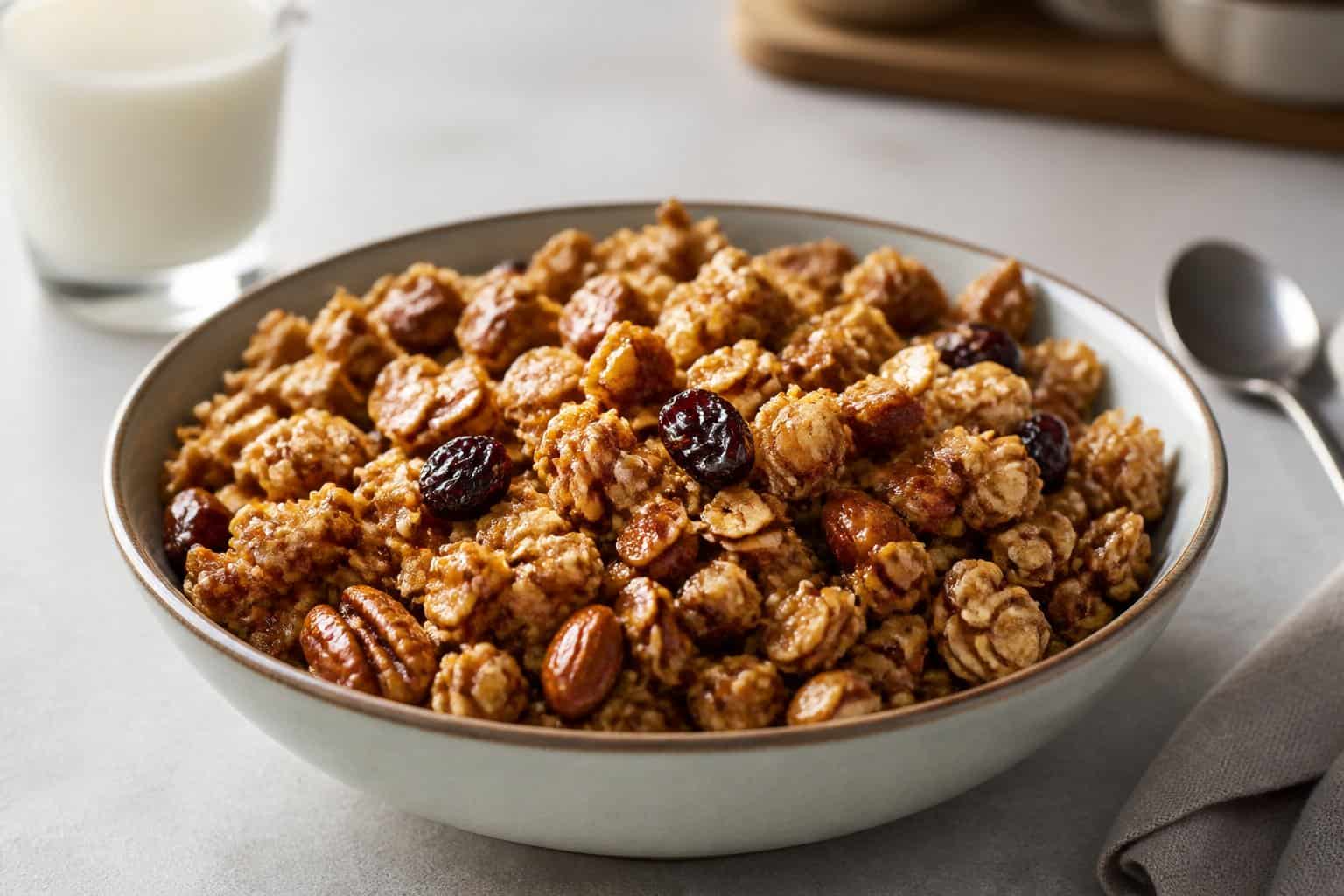Close-up of a bowl of granola with a glossy, oily texture on a kitchen table with a glass of milk and spoon nearby.