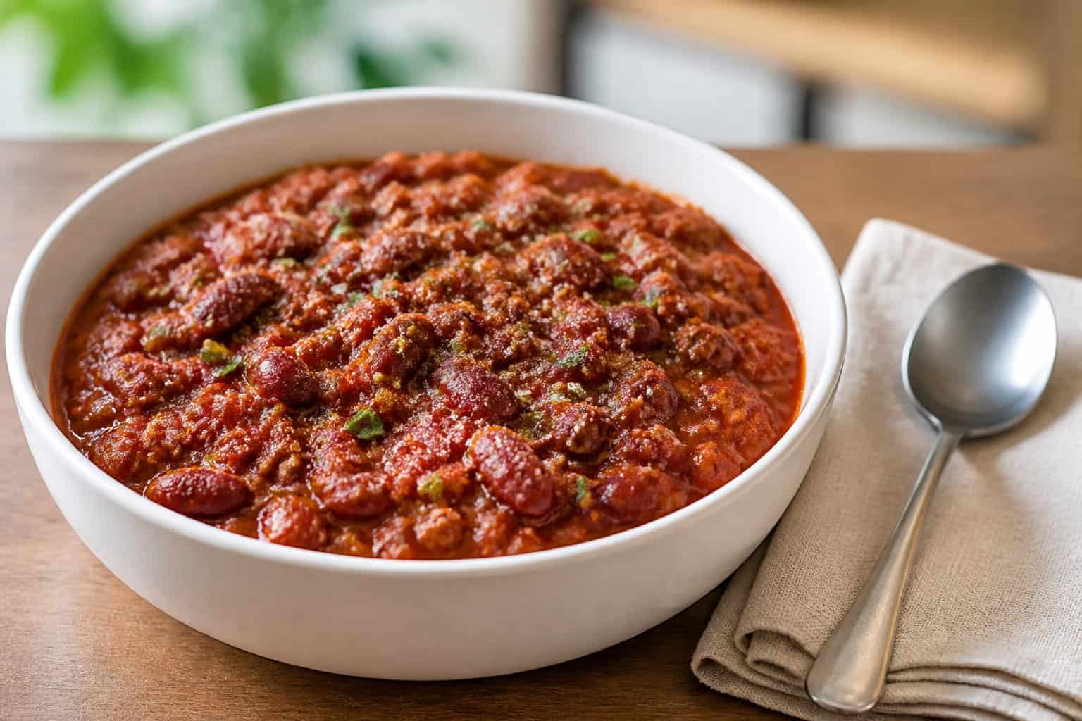 A bowl of chili con carne ready meal on a wooden table with a spoon and napkin beside it.