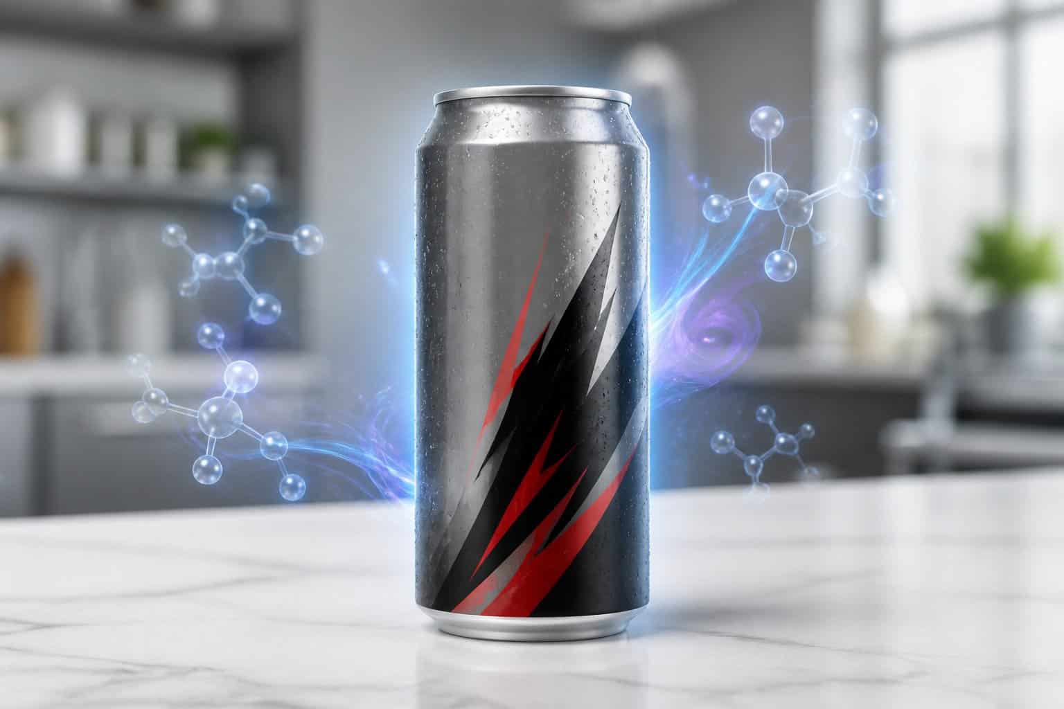A can of energy drink on a neutral surface with subtle visual elements suggesting an artificial taste.