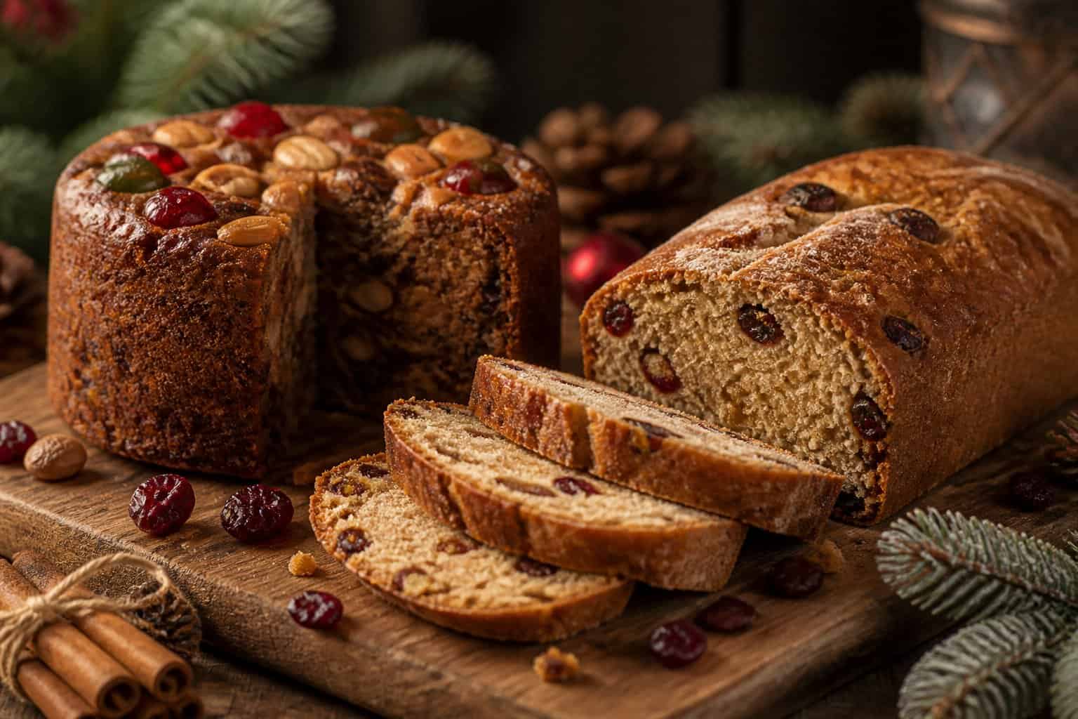 A fruitcake and holiday loaf on a wooden board surrounded by holiday decorations like pine branches and cinnamon sticks.