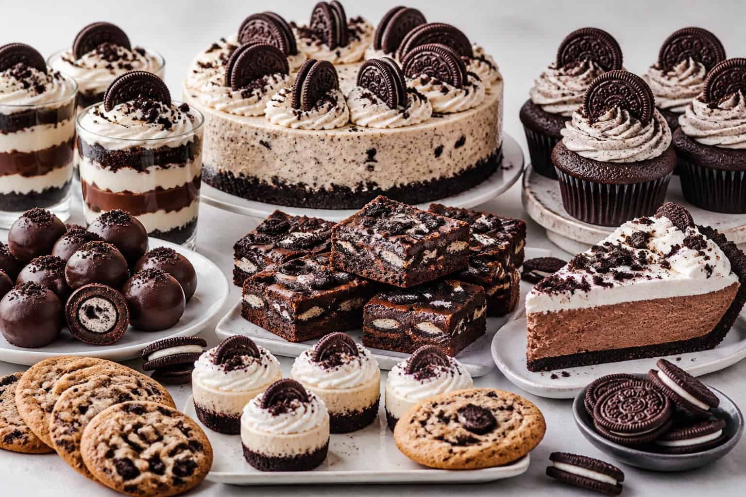 An assortment of chocolate sandwich cookie desserts, including cheesecake, cupcakes, brownies, truffles, pie, and layered dessert cups.