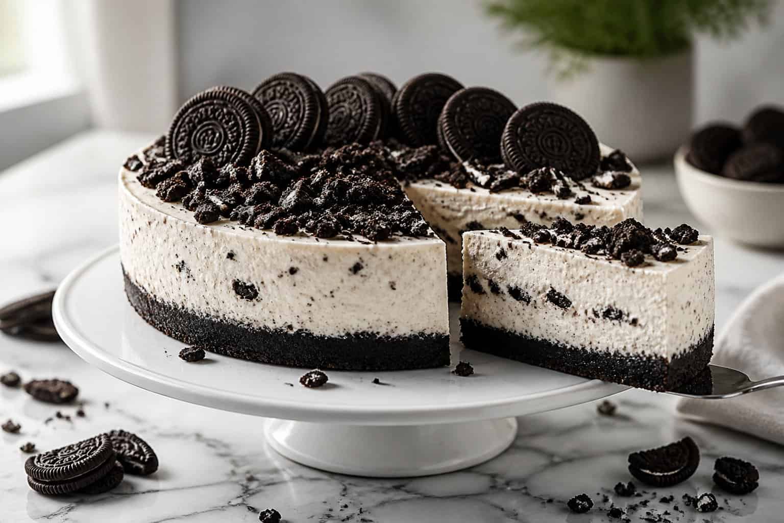 A creamy Oreo cheesecake with a cookie crumb crust, topped with crushed and whole Oreo cookies, with one slice pulled forward.