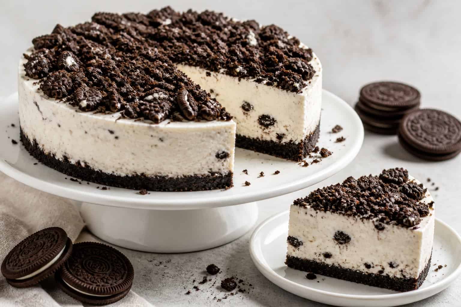 A layered Oreo ice cream cake with a slice served beside it on a white dessert stand.