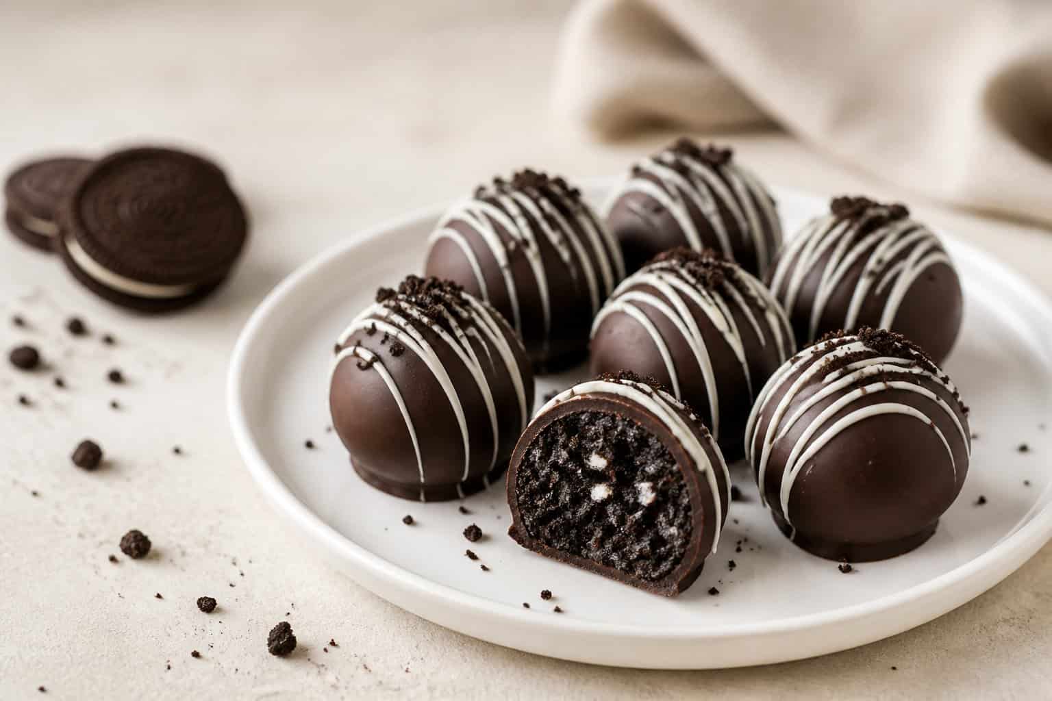 Chocolate-covered Oreo truffles arranged on a white plate, with one truffle cut open to show its creamy cookie center.