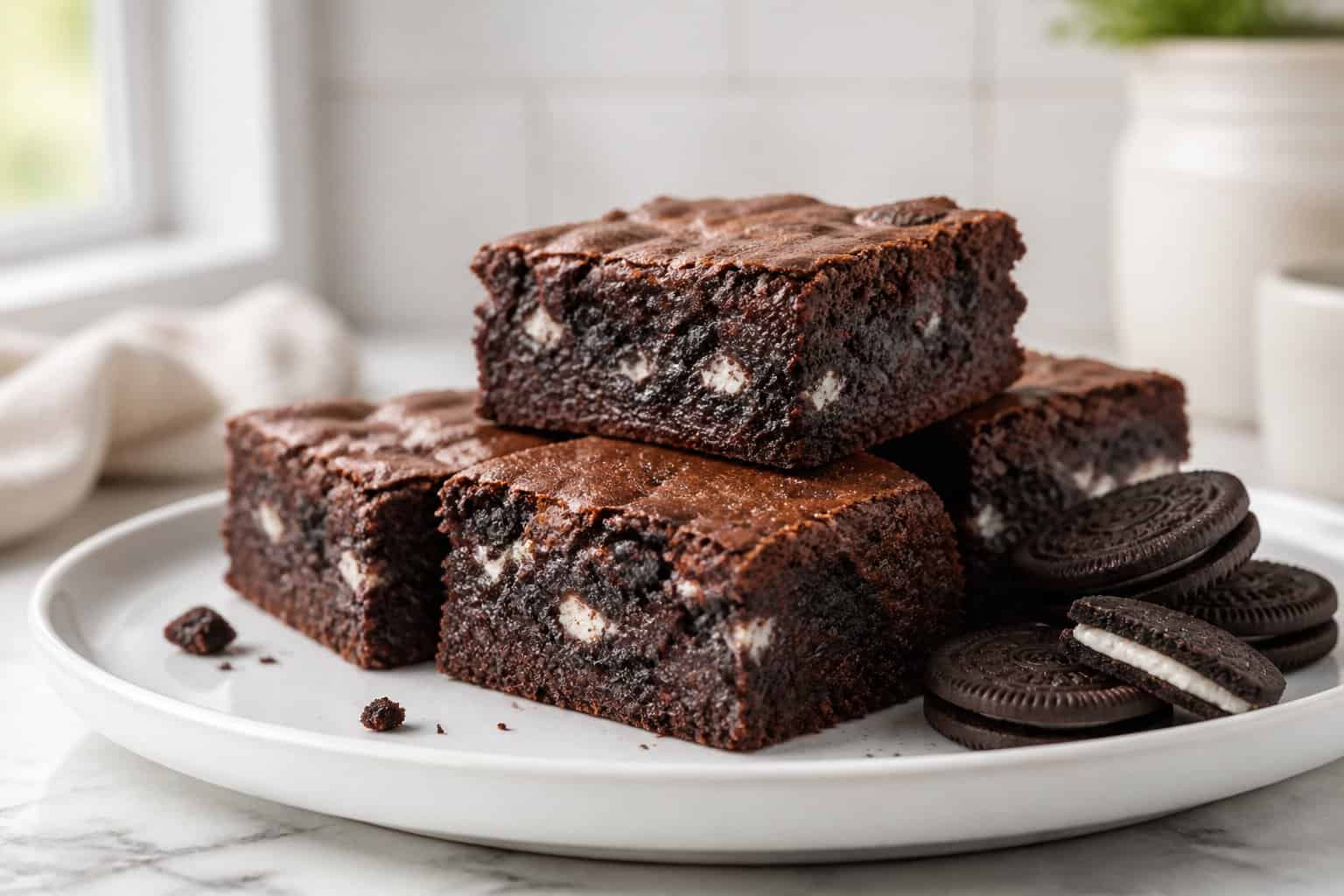 Fudgy chocolate brownies with crushed sandwich cookies, garnished with whole and halved cookies on a white plate.