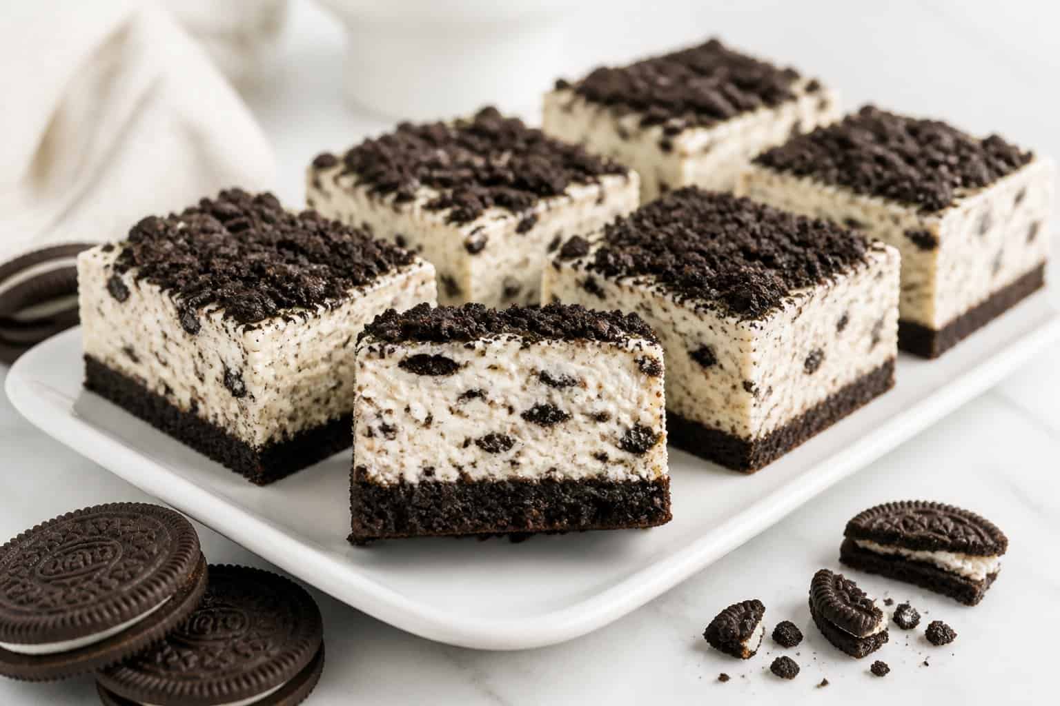 Rectangular Oreo cheesecake bars with a cookie crust and crushed cookie topping arranged on a white platter.