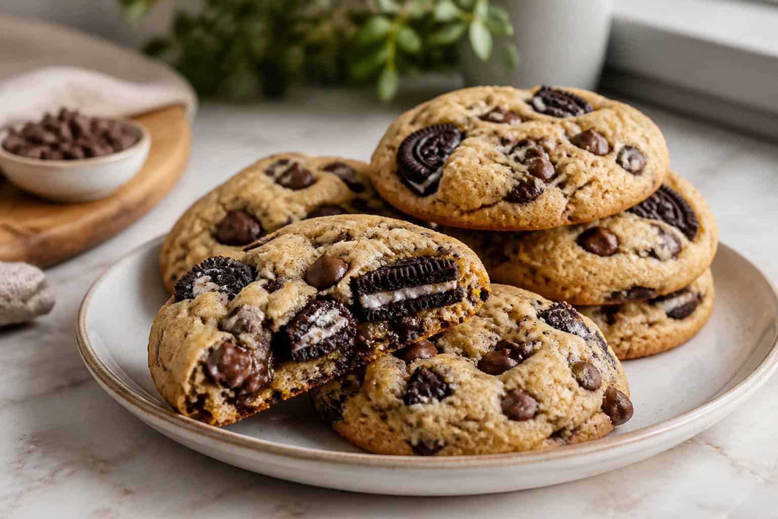 A plate of chocolate chip cookies filled with pieces of chocolate sandwich cookies, including one broken cookie showing its soft interior.