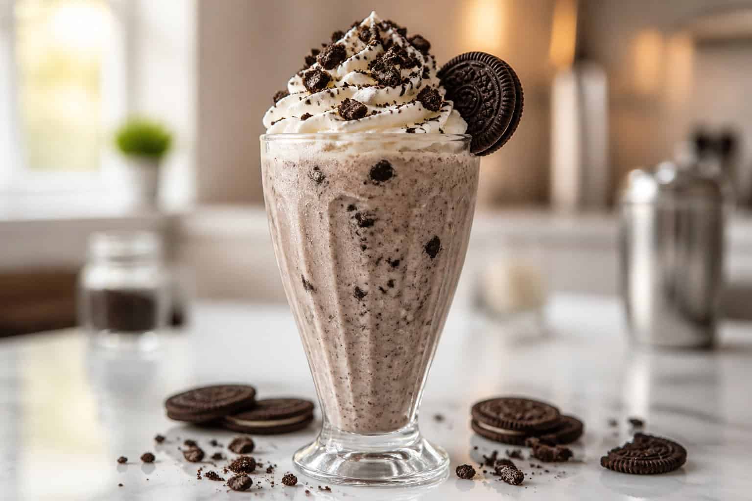 A tall glass of creamy Oreo milkshake topped with whipped cream and crushed cookies.