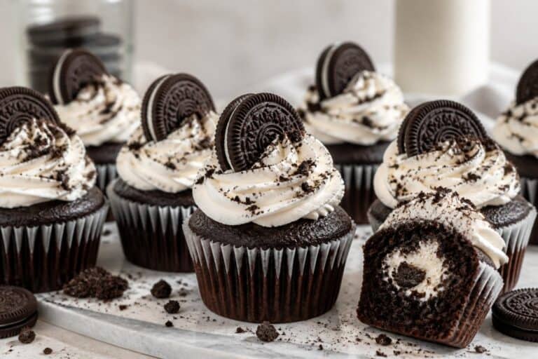 A group of chocolate cupcakes topped with white frosting, Oreo cookies, and cookie crumbs.