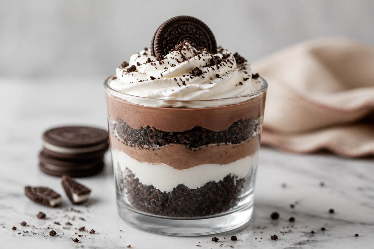 A clear glass filled with layers of crushed cookies, vanilla cream, and chocolate pudding, topped with whipped cream and cookie crumbs.