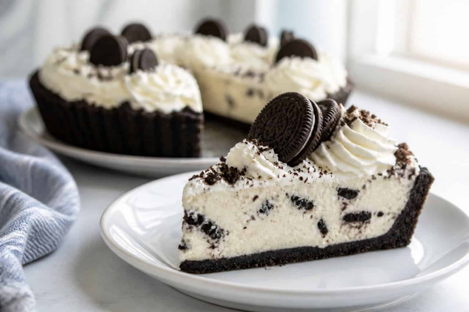 A slice of chocolate cookie crumb cream pie topped with whipped cream and cookie crumbs on a white plate.