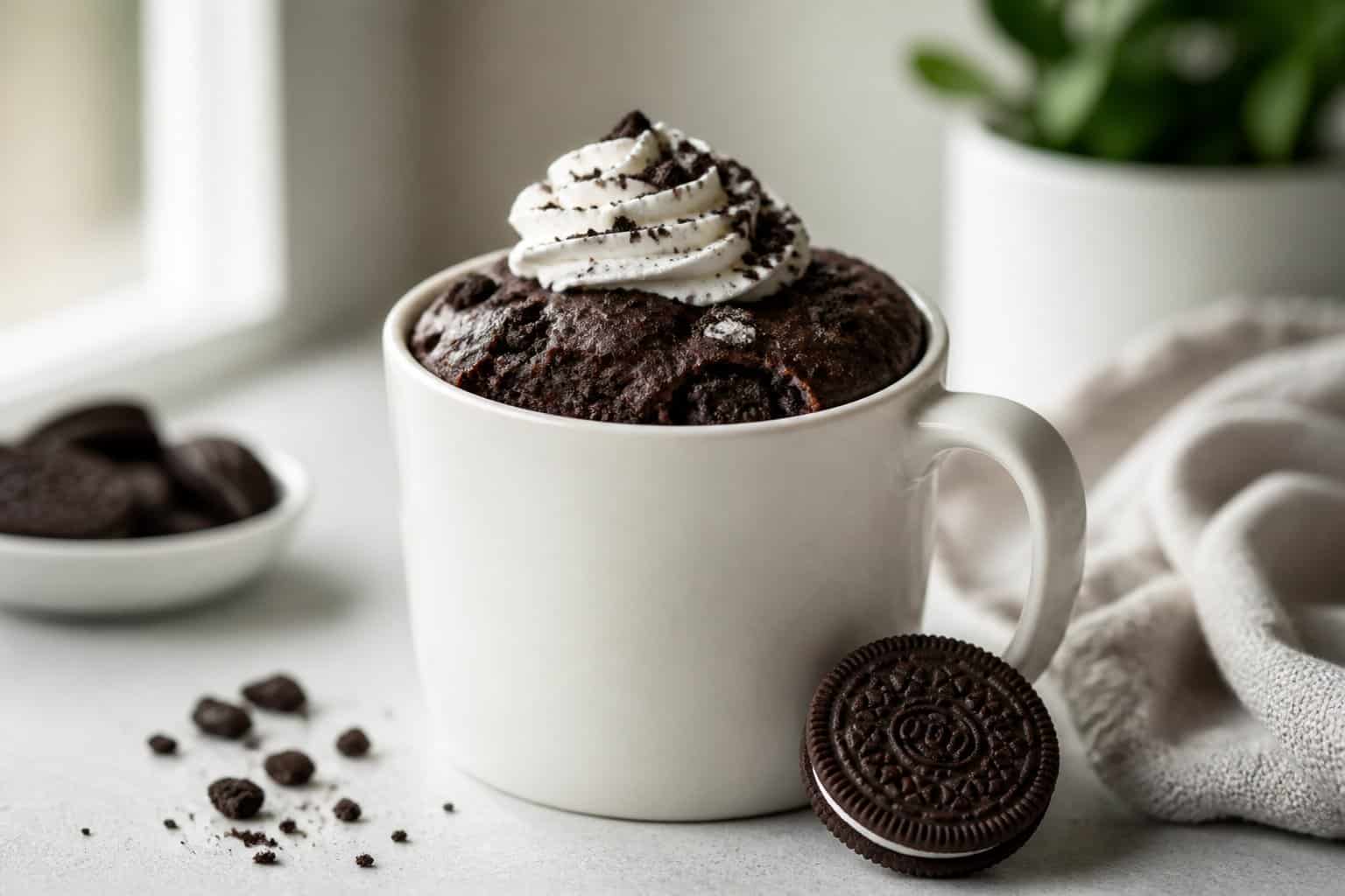 A chocolate Oreo mug cake topped with cookie crumbs in a white mug beside a whole Oreo cookie.