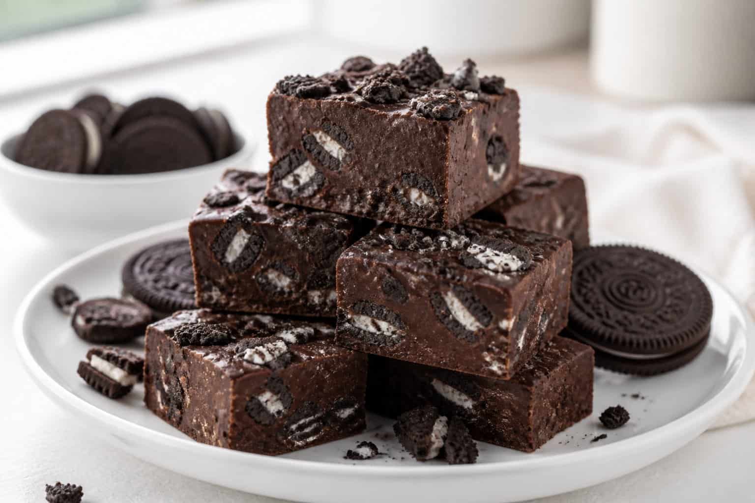 Stacked chocolate Oreo fudge squares with cookie crumbs and sandwich cookies on a white plate.