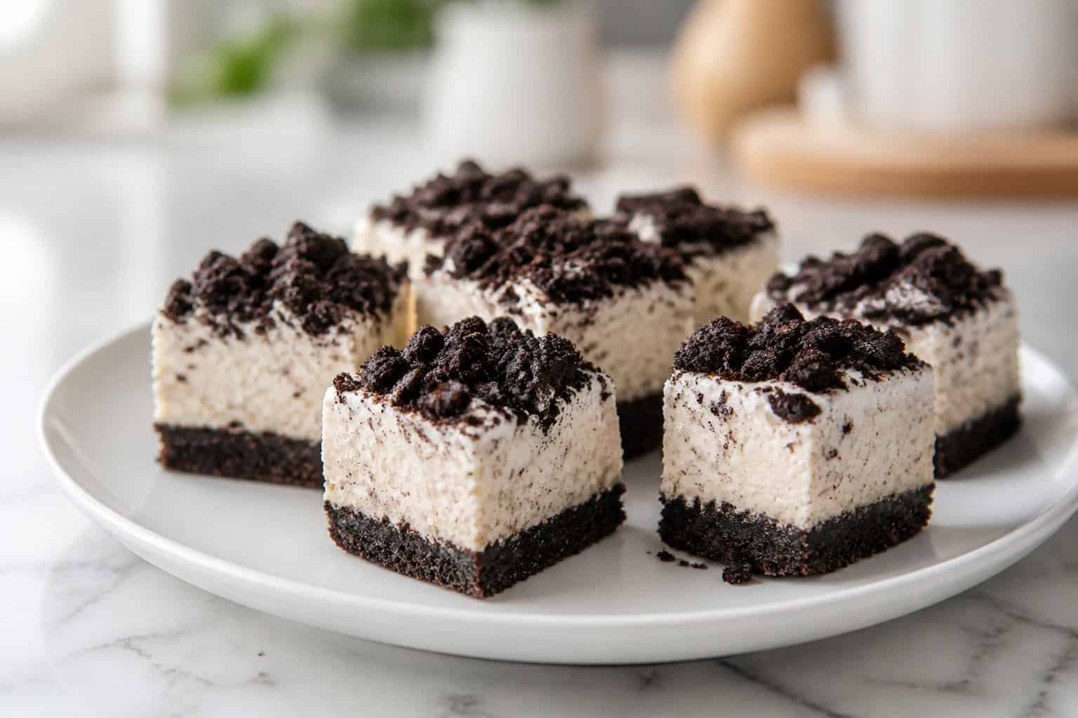 Small Oreo cheesecake bites arranged on a white plate.