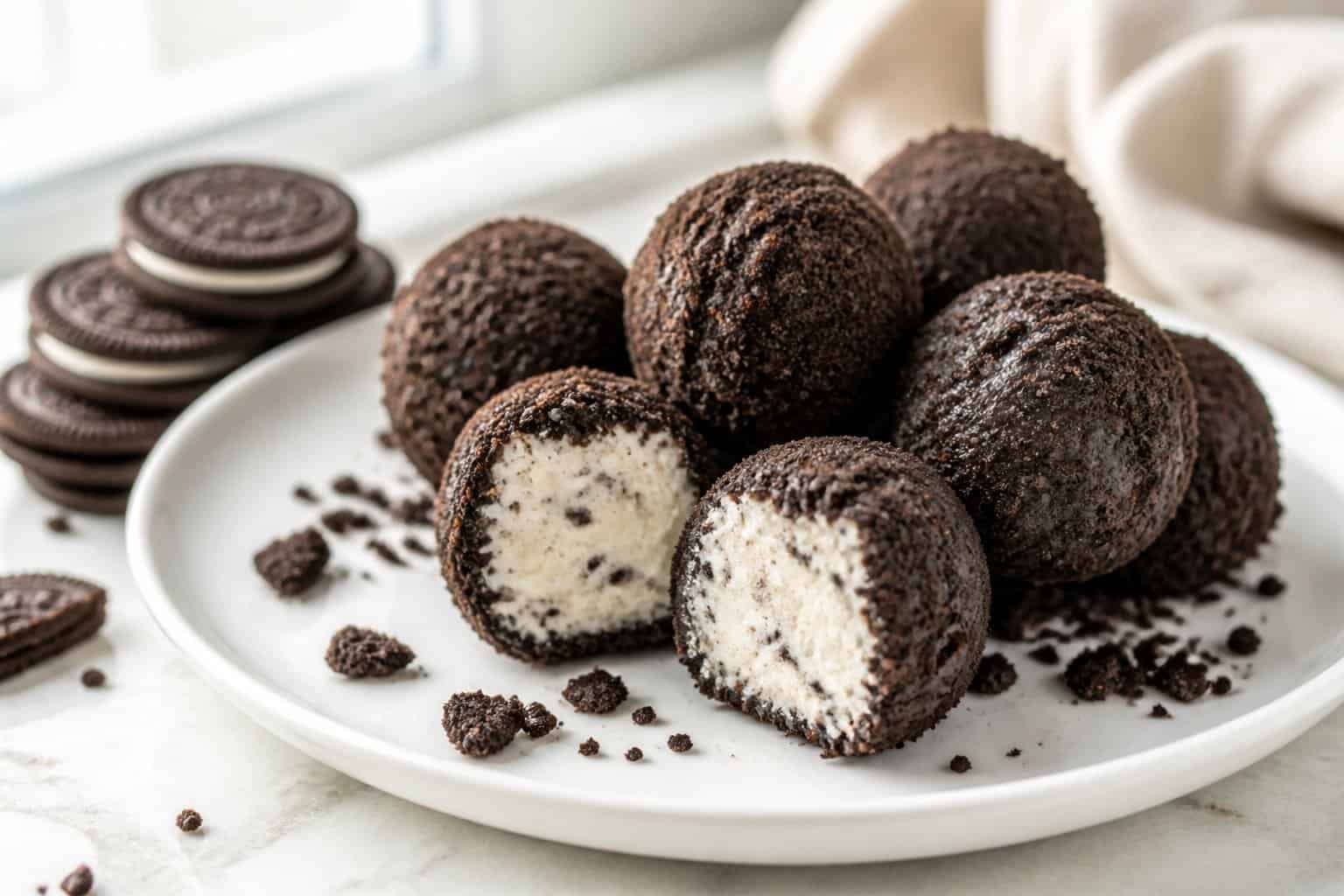 A plate of chocolate cookie balls with creamy centers and crushed cookie crumbs.
