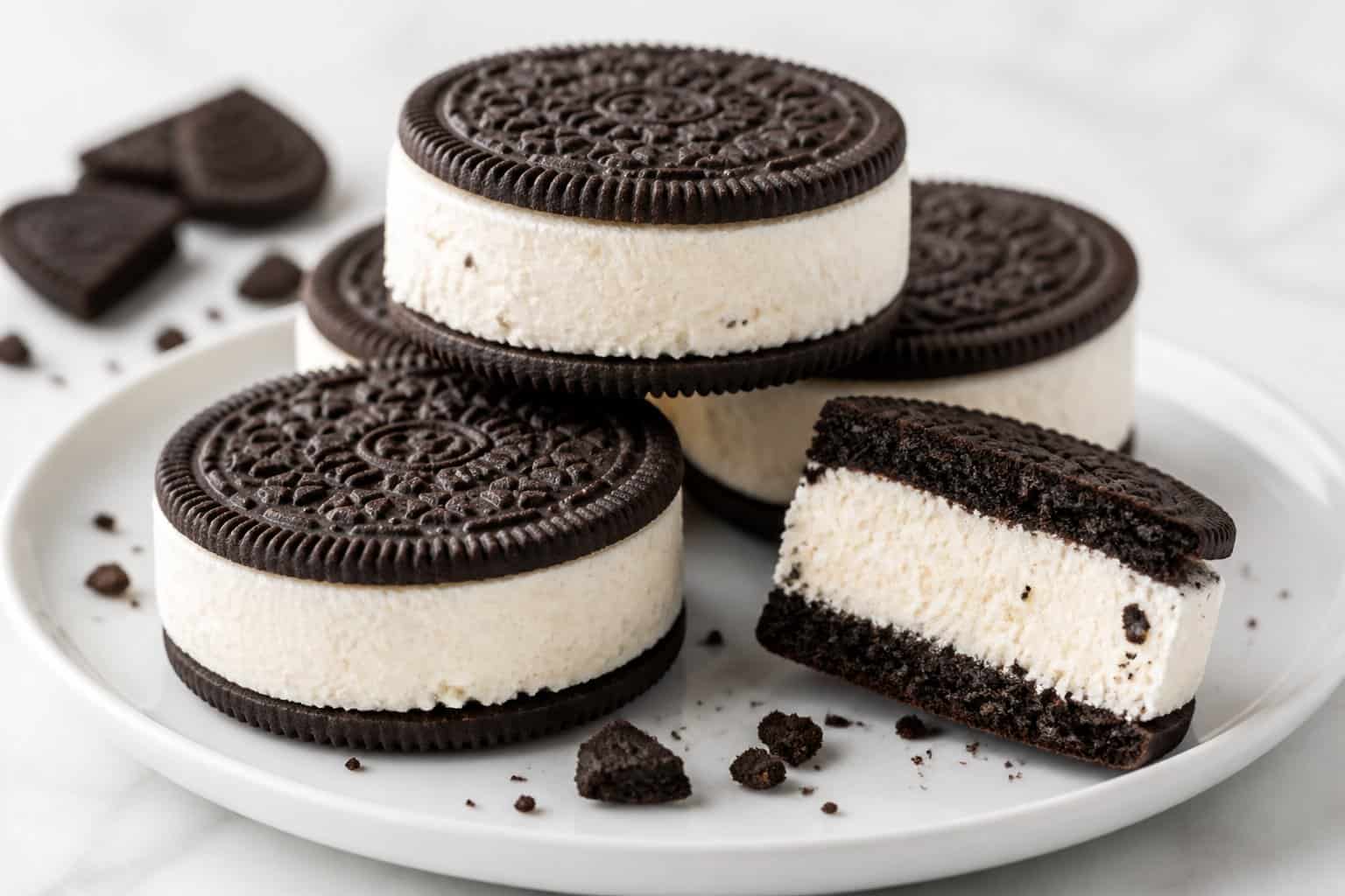 Oreo ice cream sandwiches on a plate, including one cut open to show the vanilla ice cream filling.