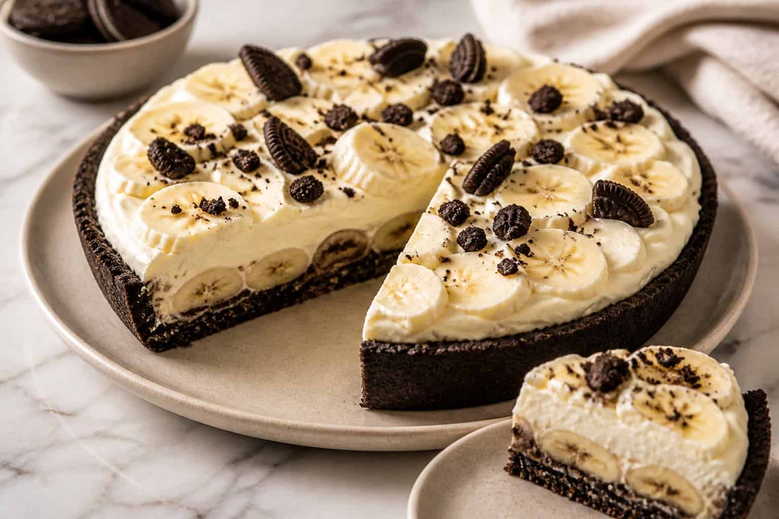 A chocolate cookie-crusted banana cream pie topped with banana slices and cookie crumbs, with one slice displayed beside it.