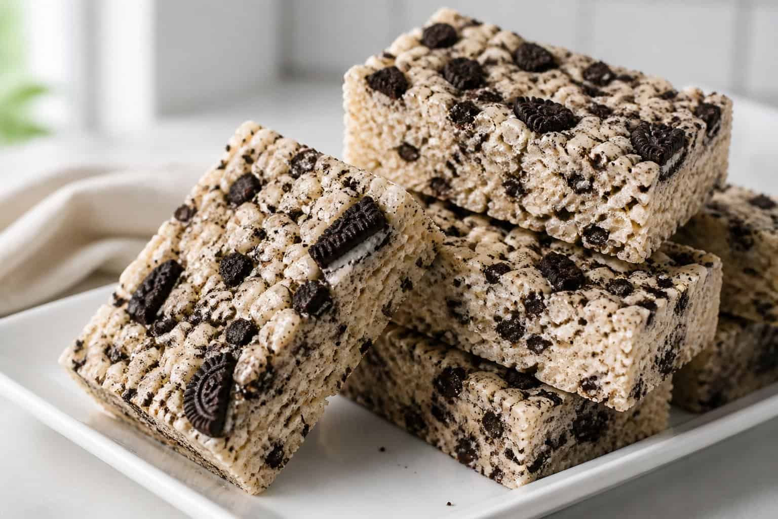 A stack of chocolate cookie and puffed rice cereal marshmallow treats on a white plate.