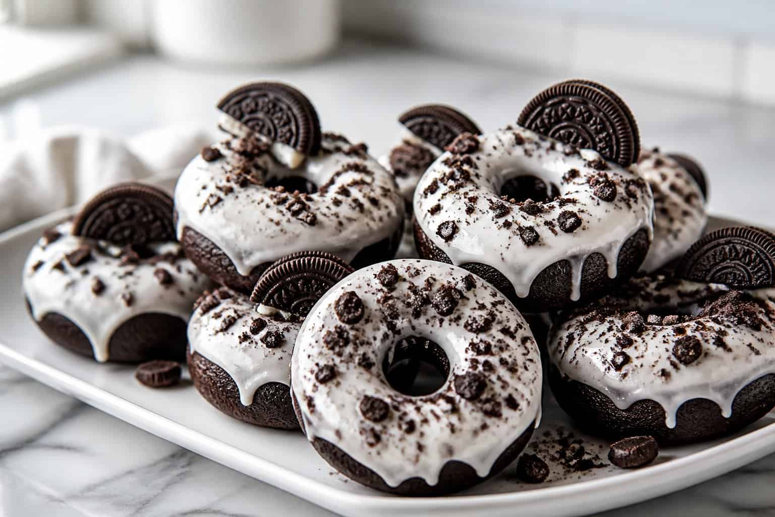 A platter of chocolate donuts topped with white icing and crushed chocolate sandwich cookies.