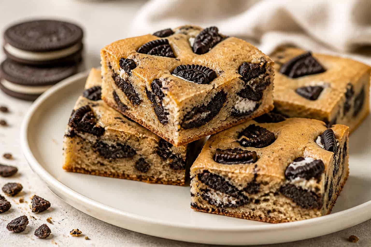Golden Oreo blondie squares with visible cookie pieces arranged on a plate.