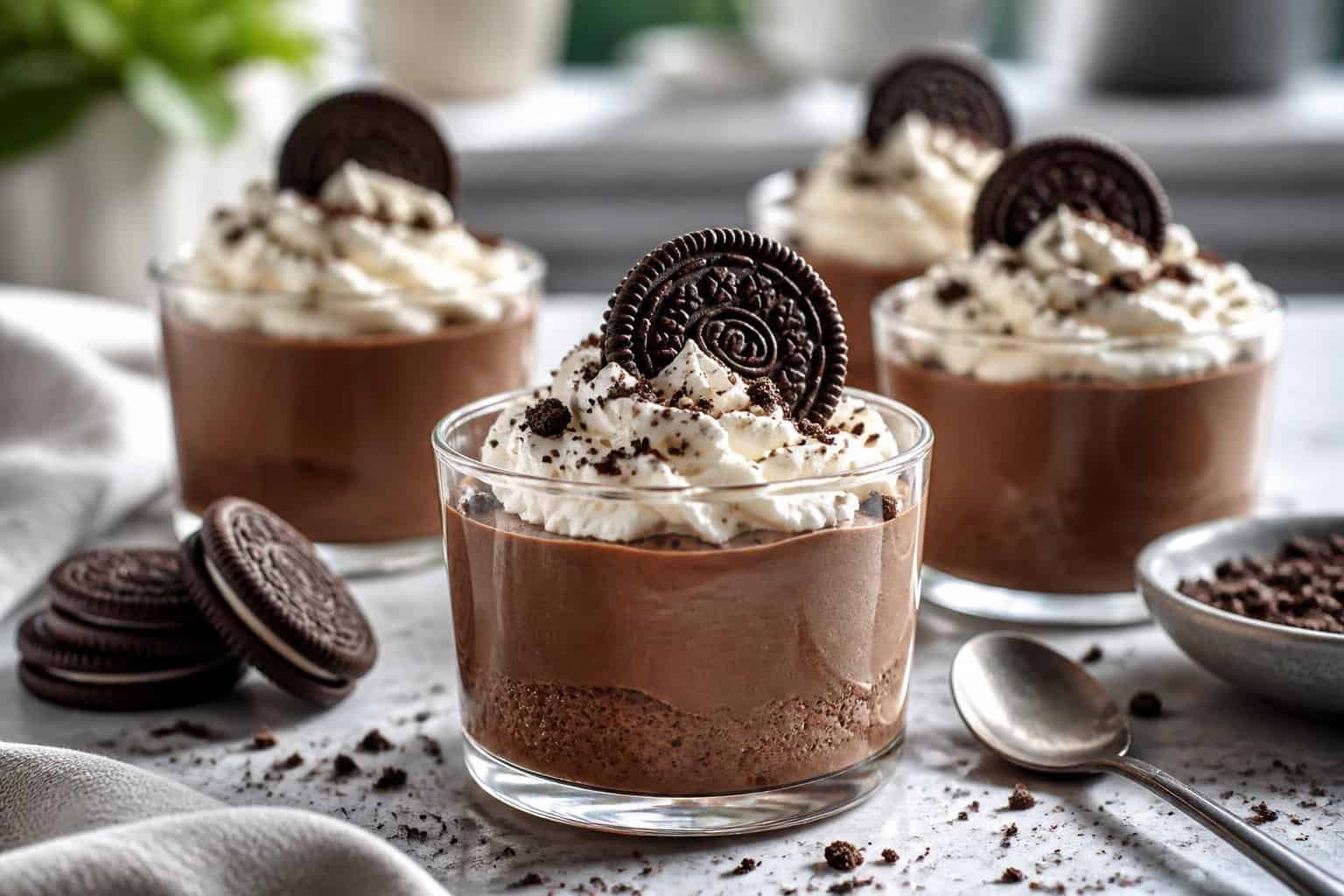 Glass cups of chocolate mousse topped with whipped cream and crushed chocolate cookies.