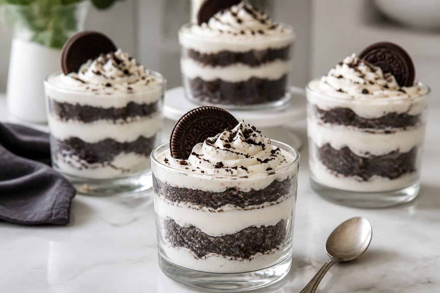 Layered chocolate cookie and cream parfaits served in clear glasses.