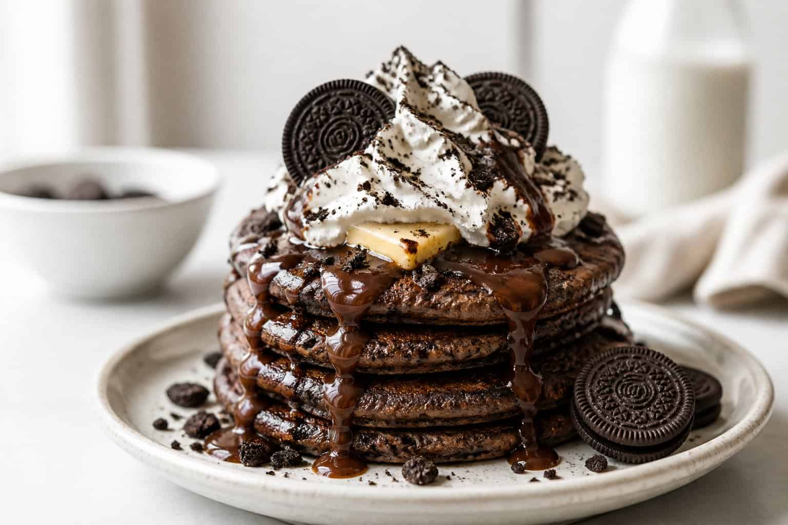 A stack of chocolate pancakes topped with whipped cream, cookie crumbs, whole chocolate cookies, and chocolate syrup.
