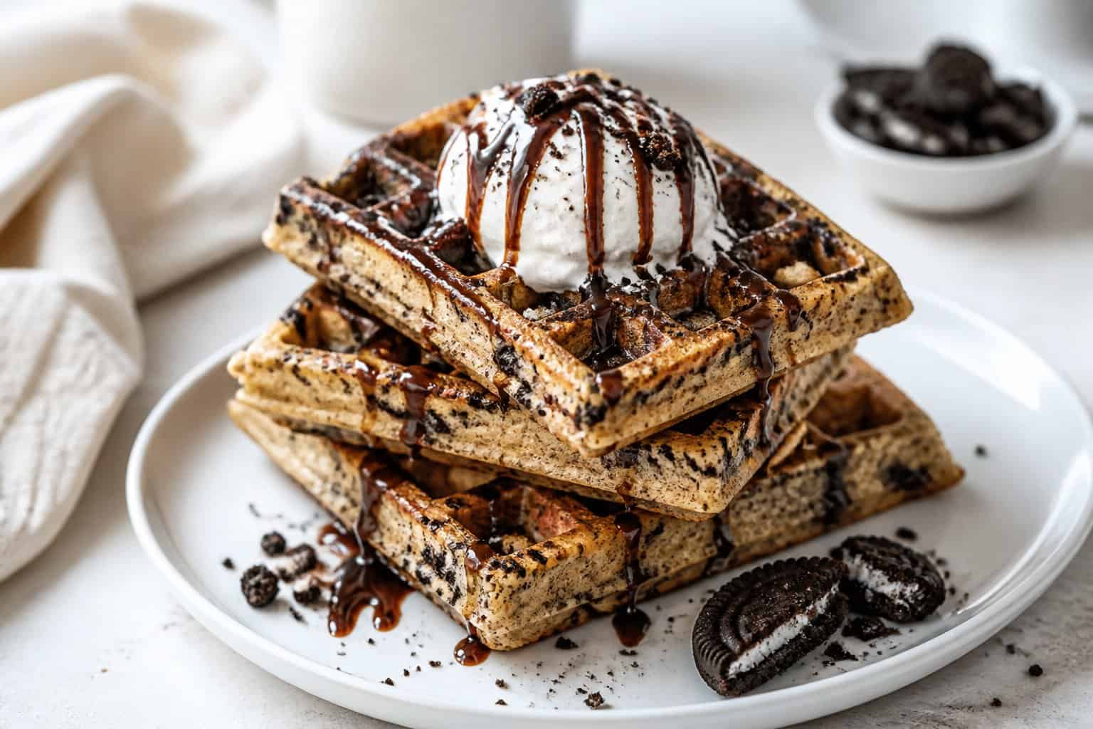 A stack of chocolate cookie waffles topped with chocolate sauce and whipped cream on a white plate.