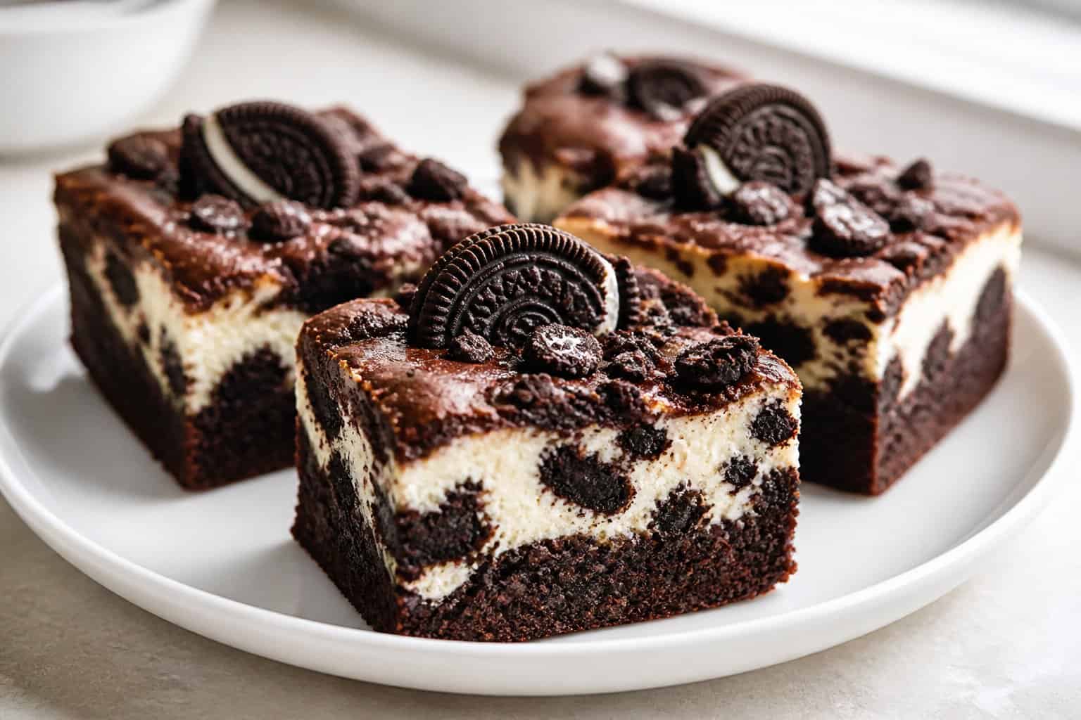 Oreo cheesecake brownies with chocolate layers, creamy cheesecake swirls, and crushed cookie pieces on a plate.