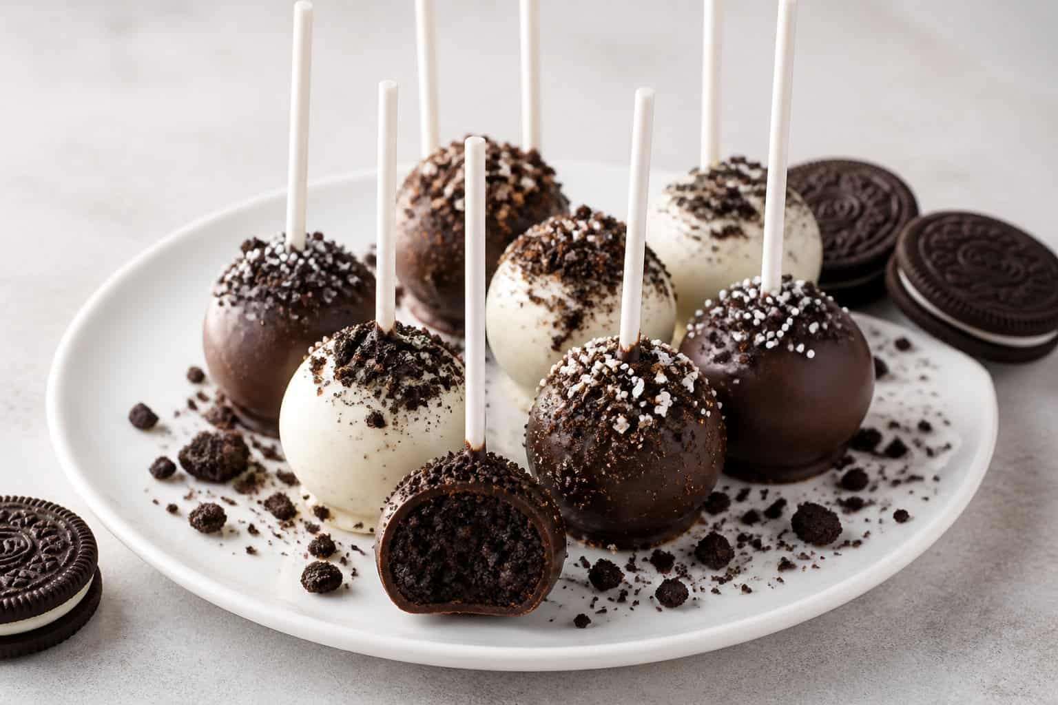 Oreo cake pops coated in chocolate and arranged on a white plate.
