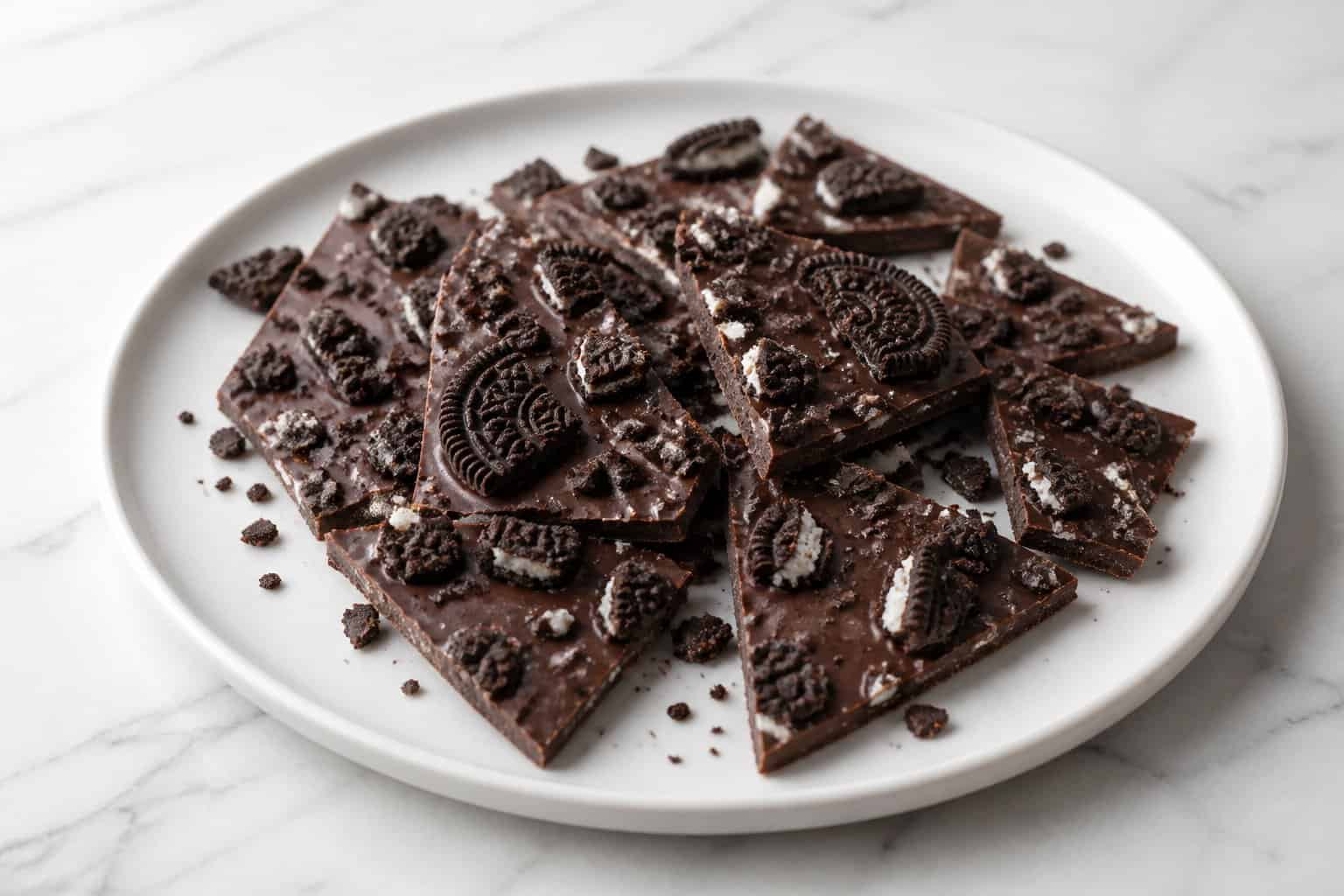 A plate of chocolate bark topped with crushed Oreo cookies and cookie pieces.