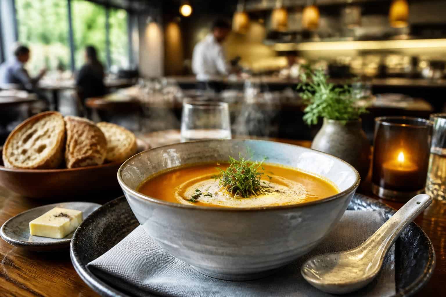 A steaming bowl of gourmet soup on a table in an elegant restaurant.