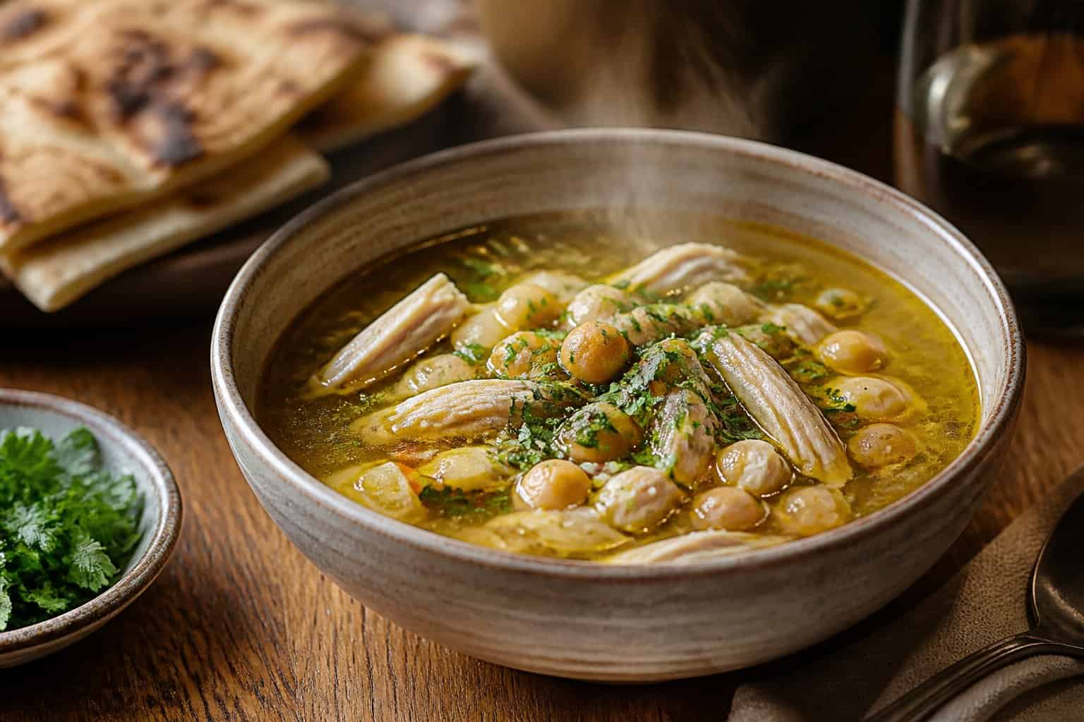 A steaming bowl of golden chicken soup with chickpeas and herbs on a wooden table in a warmly lit restaurant.