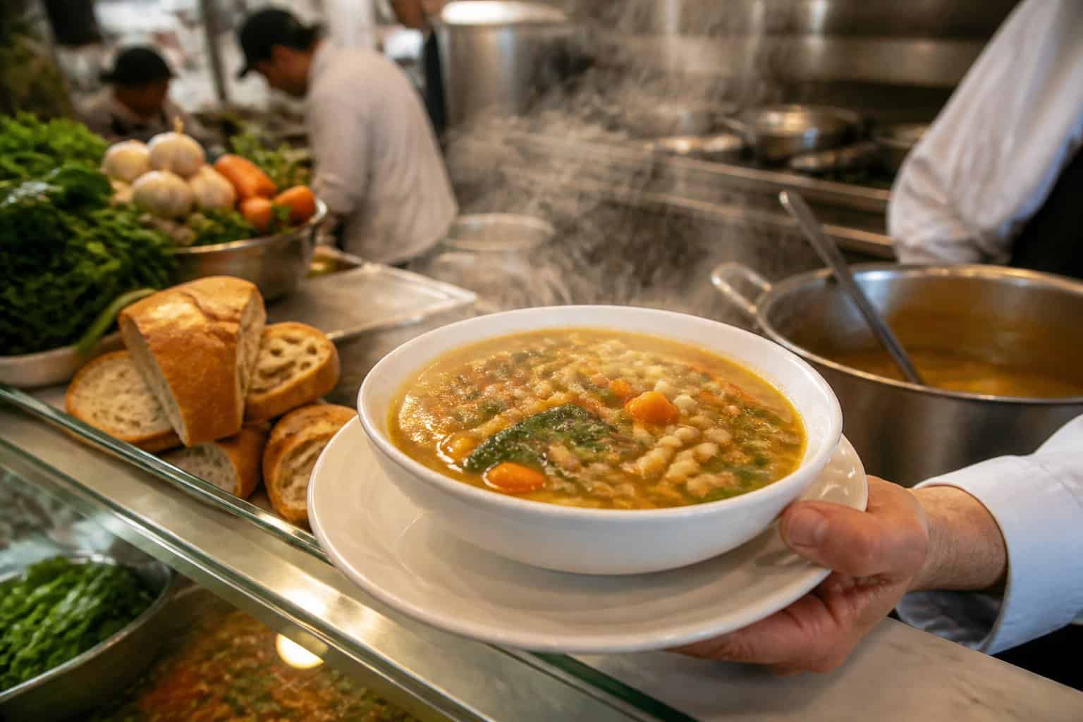 A steaming bowl of hearty soup sits on a counter inside a busy urban soup shop.